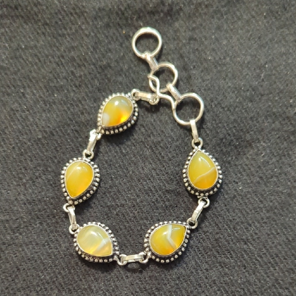 Silver Plated Yellow Banded Agate Gemstone Statement Bracelet